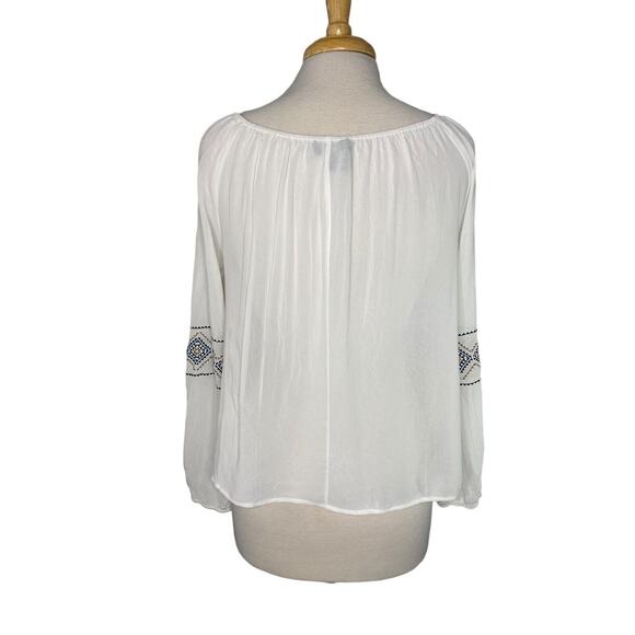 KAREN KANE Boho Peasant Embroidered Blouse in White Blue Tie Front Size Medium - Picture 3 of 9
